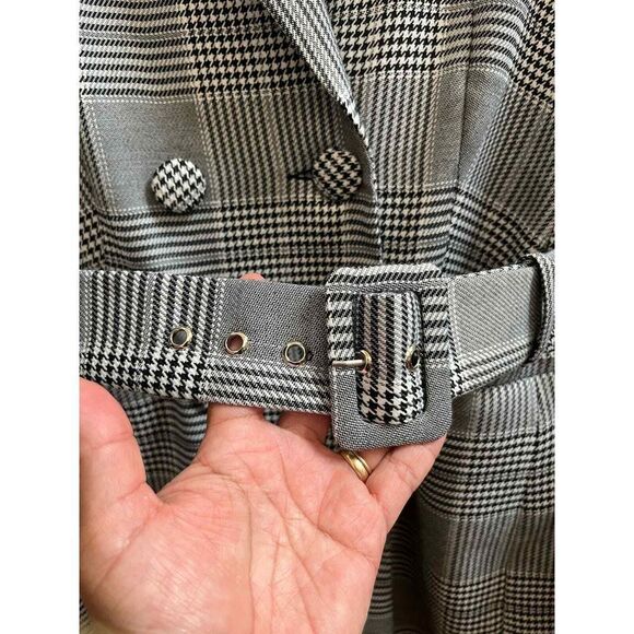 Bardot Gray Monochrome Glenchek Belted Double Breasted Trench Coat Size 6 Medium - Picture 5 of 15